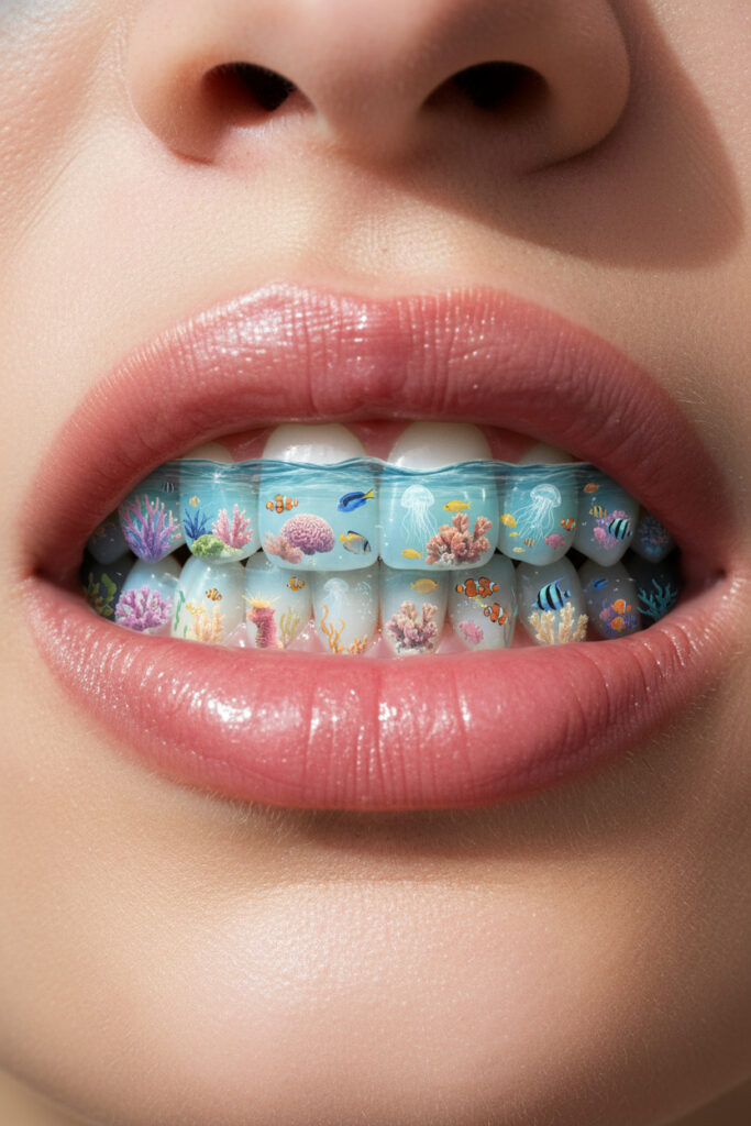 A vertical, ultra-realistic close-up photo of a human mouth with teeth