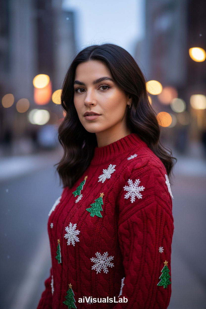 Christmas Sweater City Glow - #aiphoto #aiportrait #aiart #aivisuals
