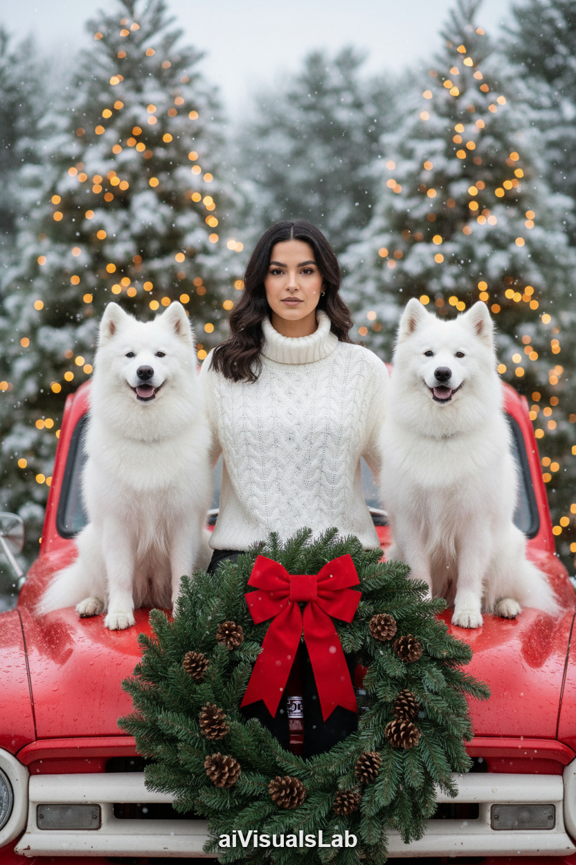 Red Truck Winter Companions - #aiphoto #aiportrait #aiart #aivisuals